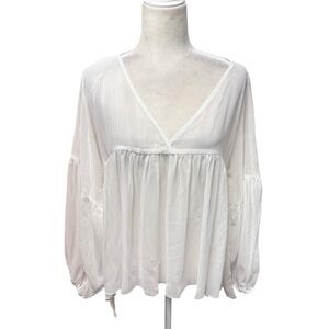 Womens Oversized Sheer Top Size 14 White V-Neck Shirred Wide Sleeve Blouse Angel